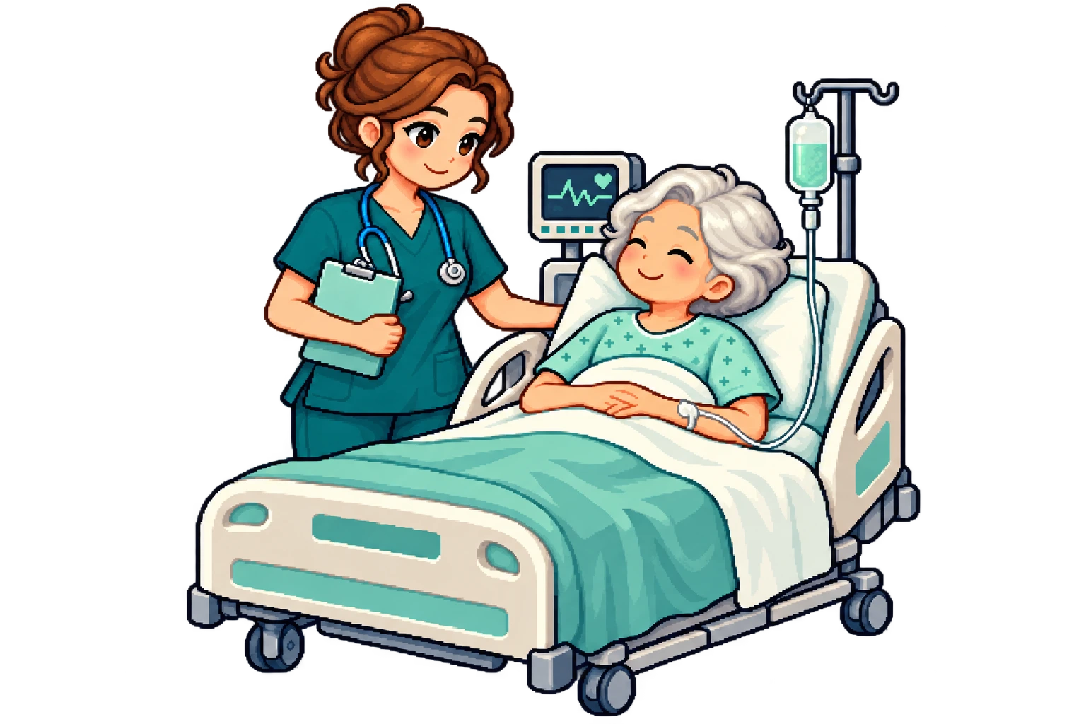 A nurse in teal scrubs caring for an older patient in a hospital bed