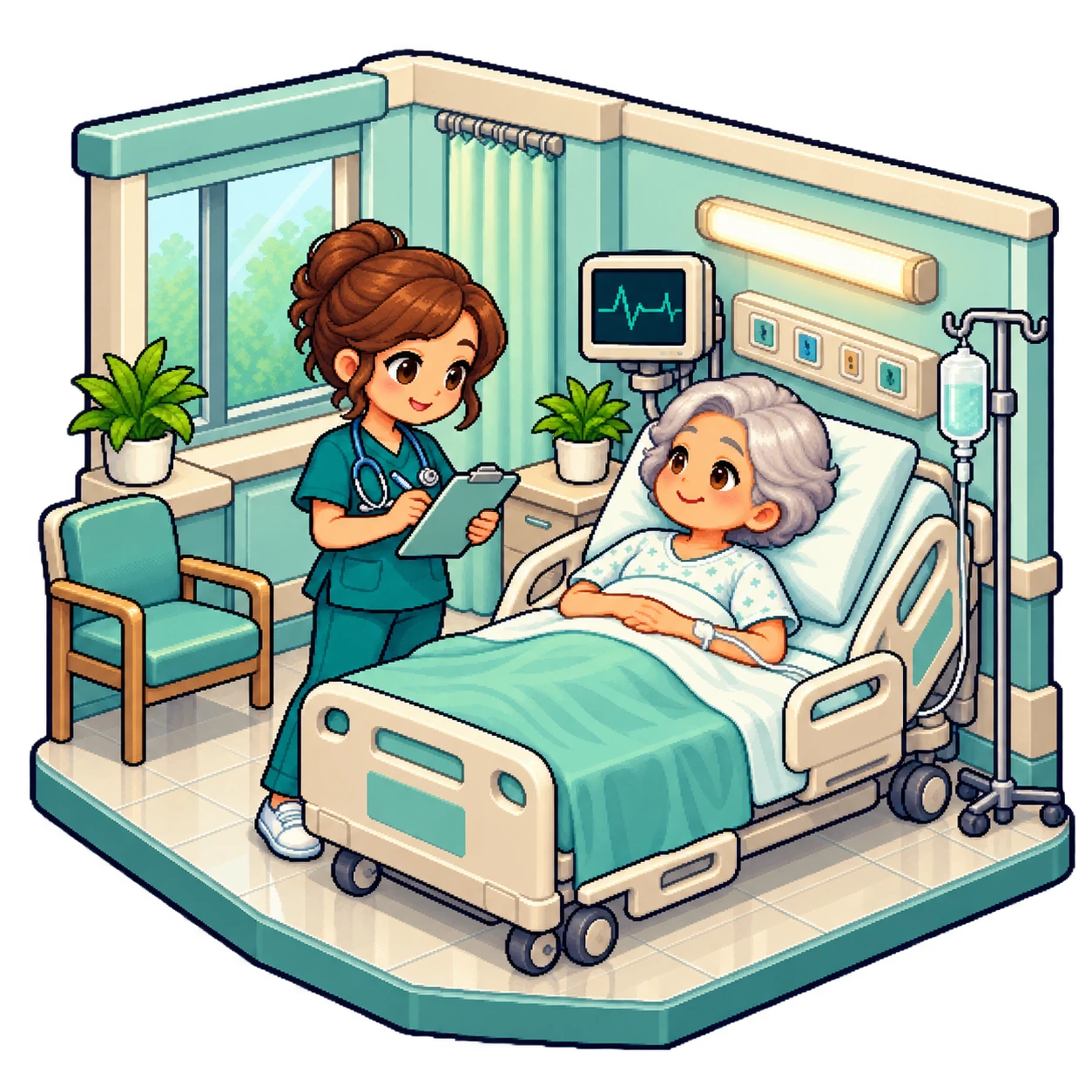 A detailed pixel illustration of a nurse reviewing a clipboard with an awake patient in a hospital room.